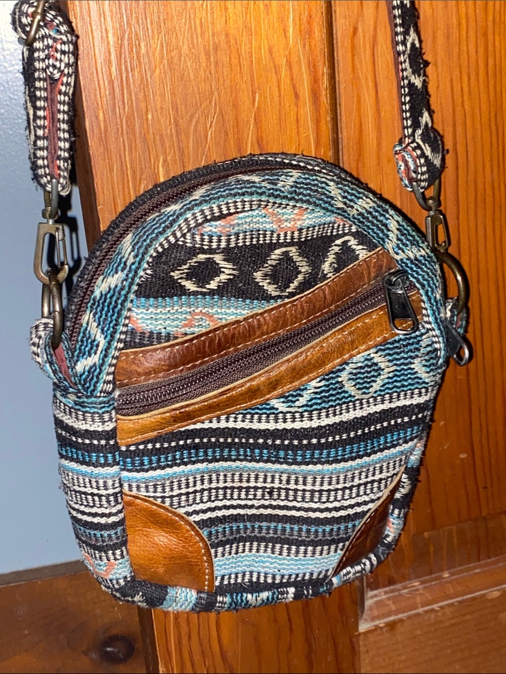 Handwoven Boho Crossbody Bag with Brown Leather Accents - Teal & Black